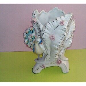 PEACOCK 1960's Porcelain Vase Planter 18k Gold trim EXCELLENT Delicate Detailed